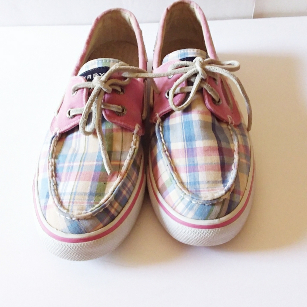Sperry Pink, Blue & Tan Plaid Topsiders w/Rawhide Laces - Picture 2 of 7